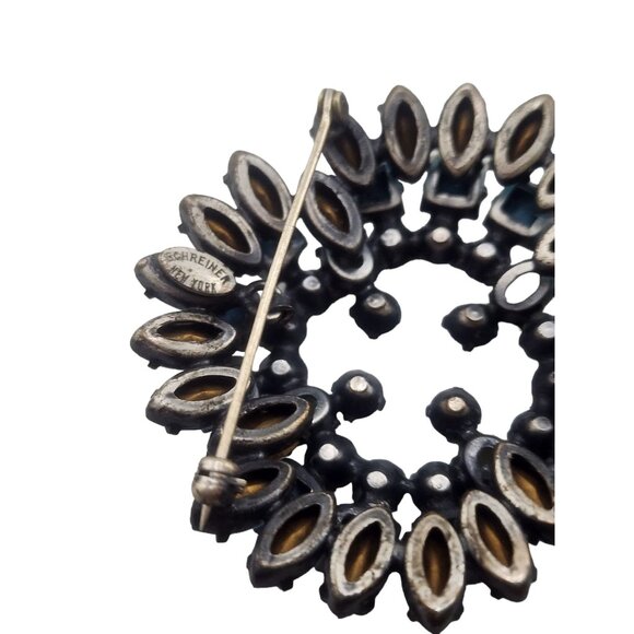 Signed Schreiner NY Turquoise Matrix Glass and Rhinestone Layered Brooch (A4944) - Picture 7 of 7